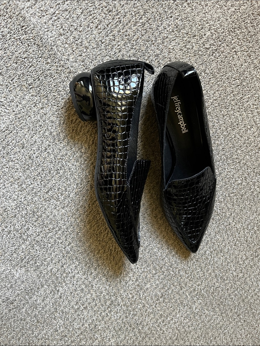 Jeffrey Campbell Black Croc-Embossed Spherical Block Heel, Pointed Slip-On Flats